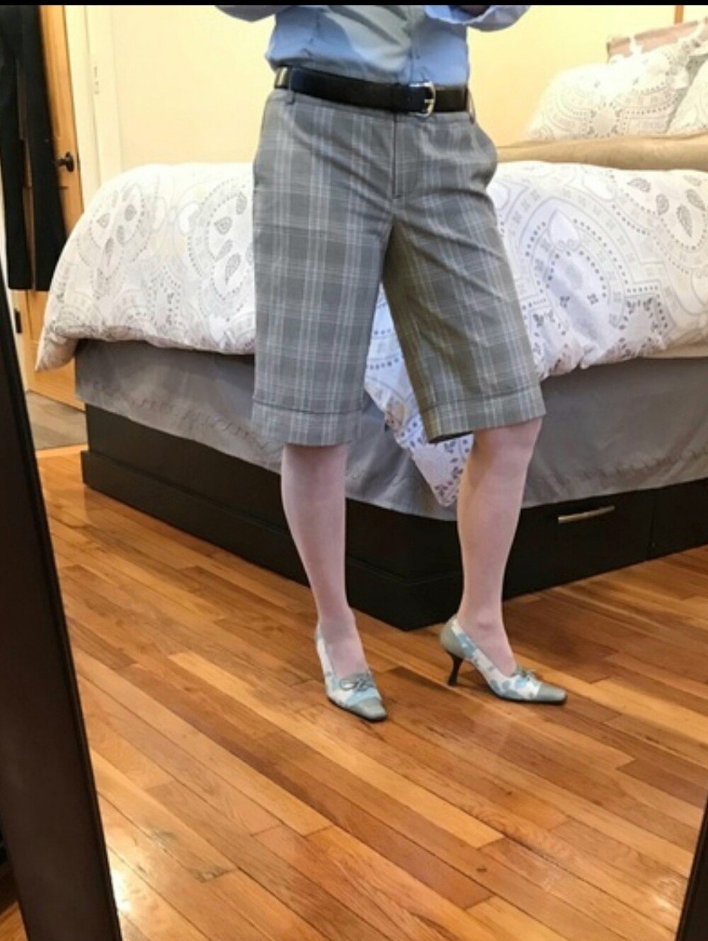 Gray Plaid Knee-Length Shorts